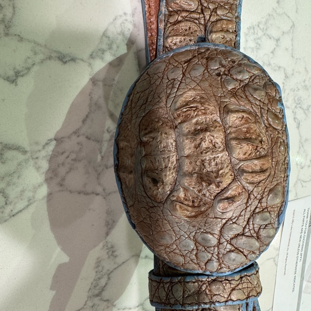 Textured Brown Crocodile-Style Leather Belt Bag with Blue Trim